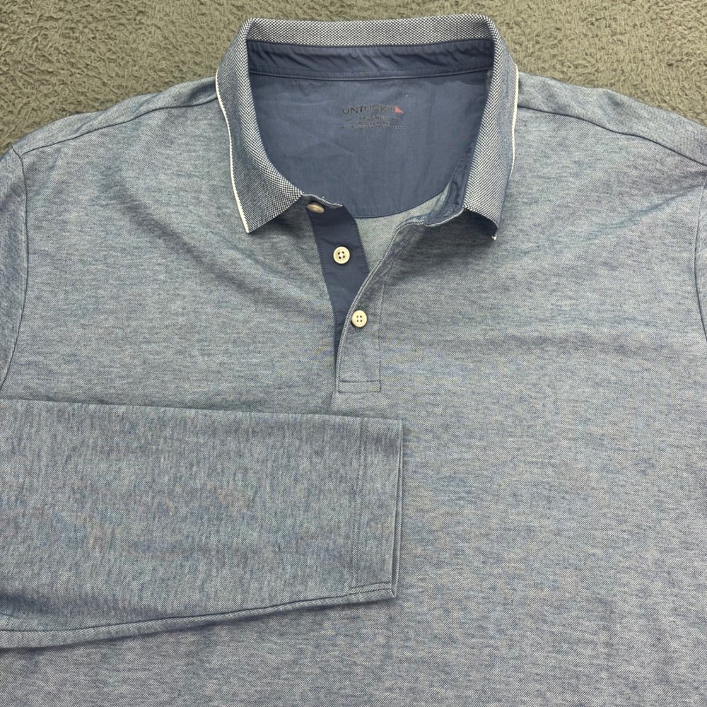 UNTUCKit Long Sleeve Polo Shirt Blue Heathered XXL Pima Cotton‎ Polyester